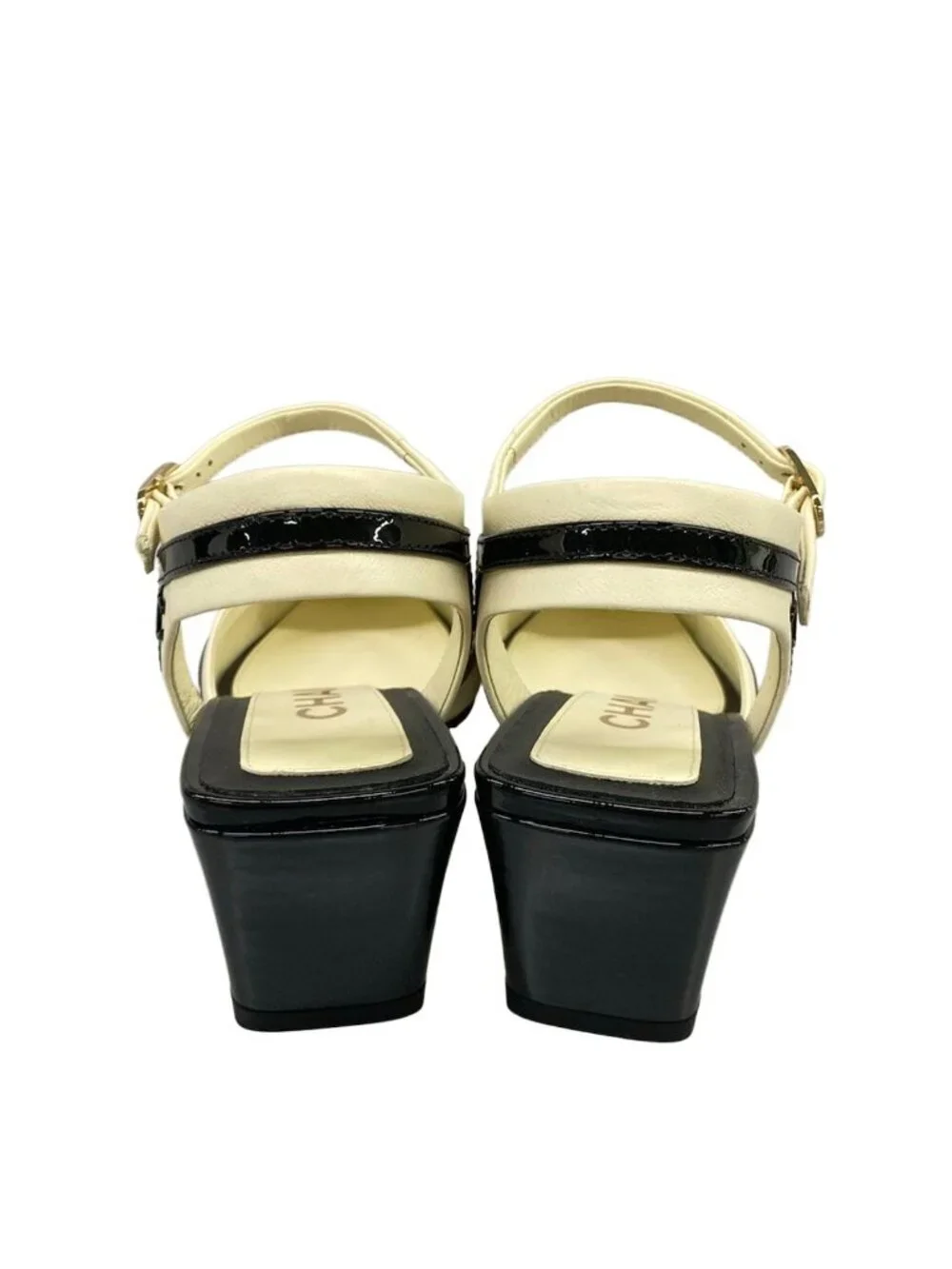 Chanel Pumps 35 C Black White CC Logo T-ton Slingback Ivory Heel